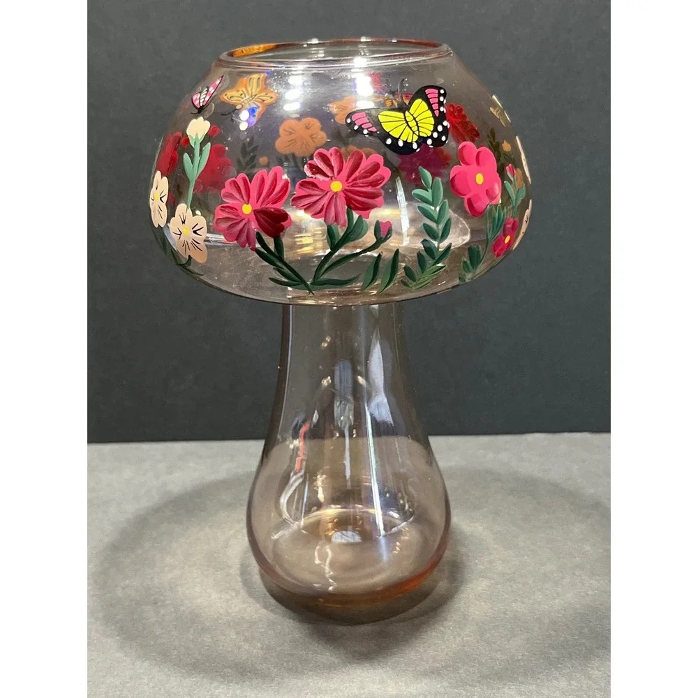 Hand Painted Glass Mushroom Vase Smoky Pink Floral Butterfly Cottagecore 7 Inch
